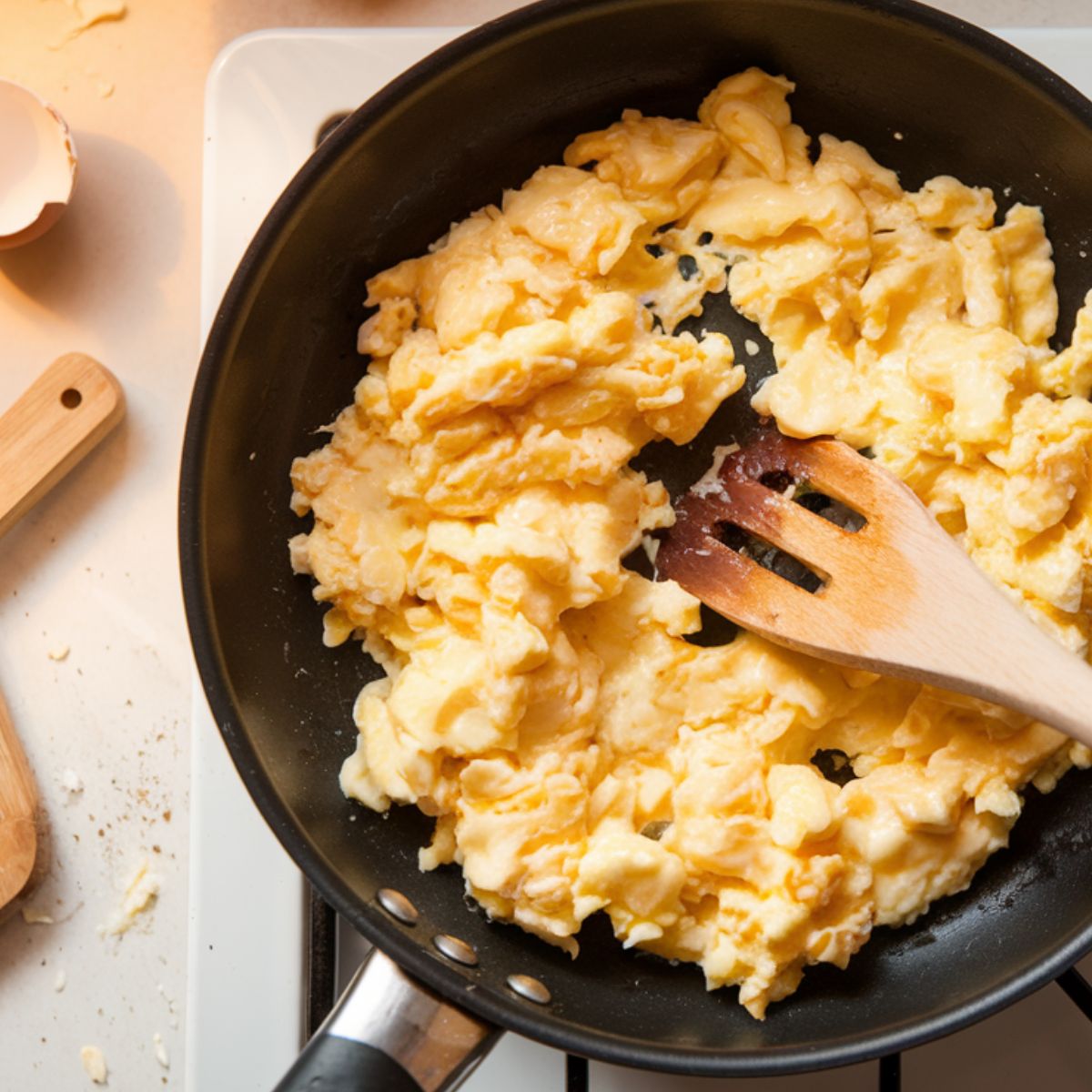 A frying pan with scrambled eggs cooking on a stovetop.