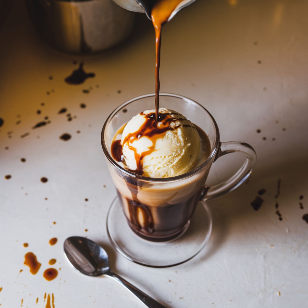 Hot espresso being poured over vanilla ice cream to create Starbucks Affogato Coffee.