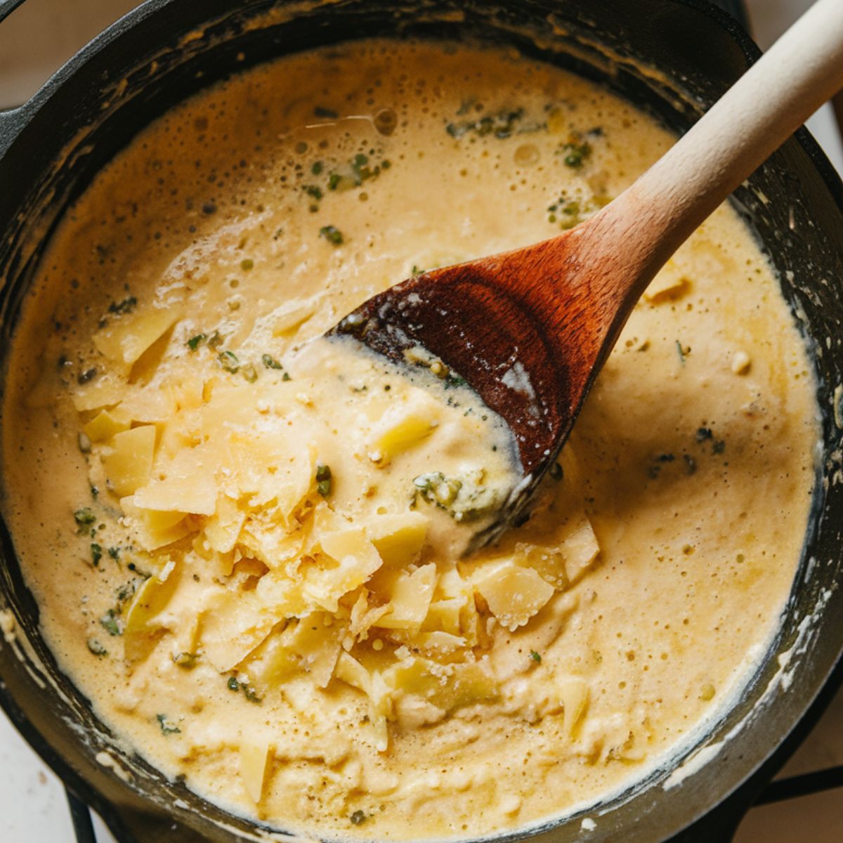 A skillet filled with a creamy garlic parmesan sauce being stirred with a wooden spoon, with parmesan cheese melting into it.