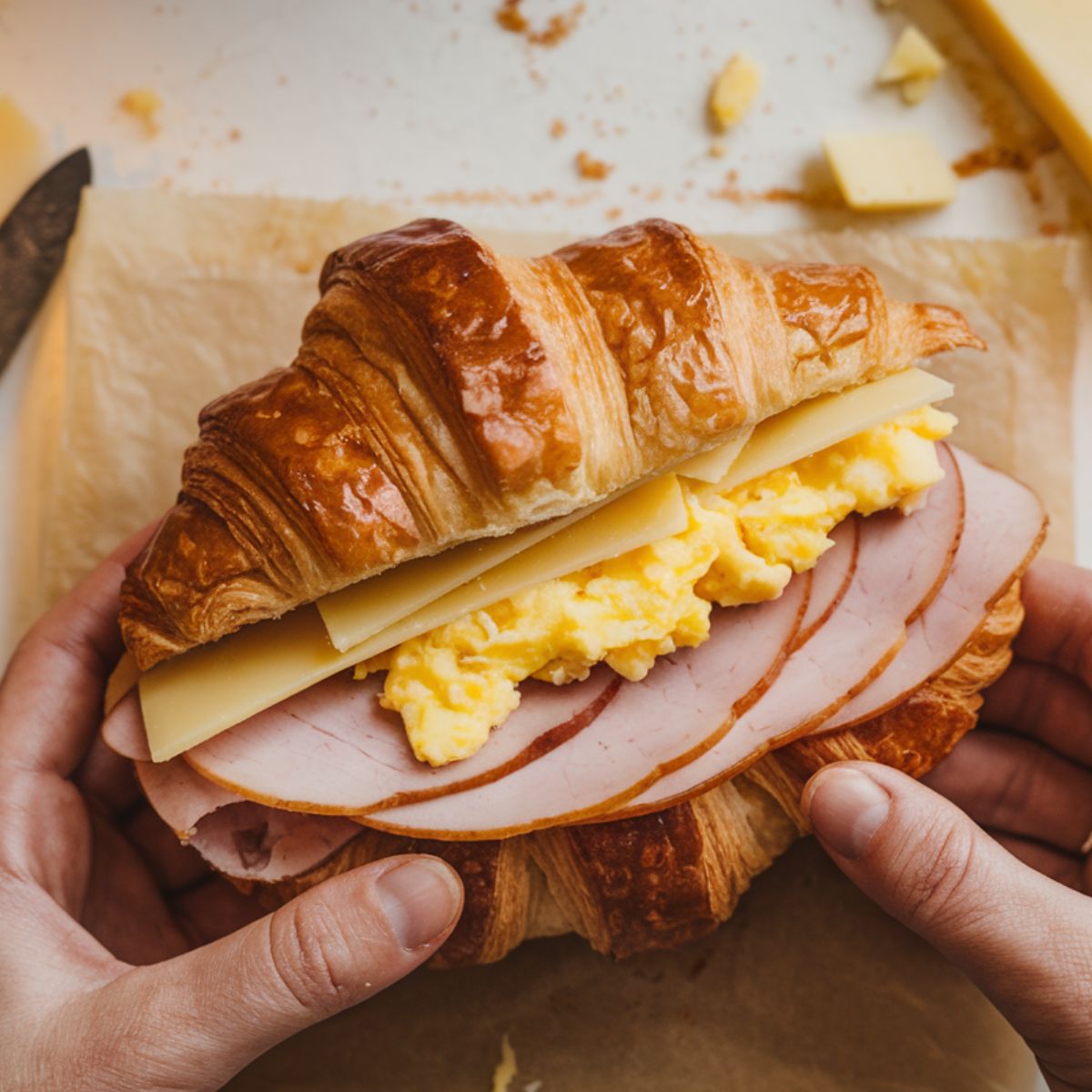 A homemade croissant sandwich being assembled with scrambled eggs, ham, and cheese on a white kitchen counter.