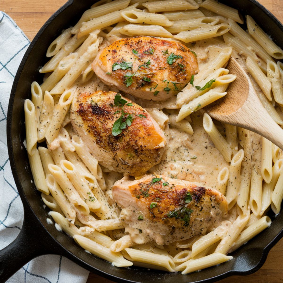 A large skillet with garlic parmesan chicken pasta being tossed together with a wooden spoon, garnished with fresh parsley and extra parmesan.