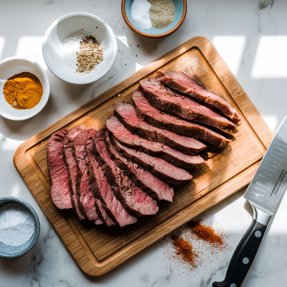 Thinly sliced steak being seasoned on a white marble countertop for steak nachos recipe.