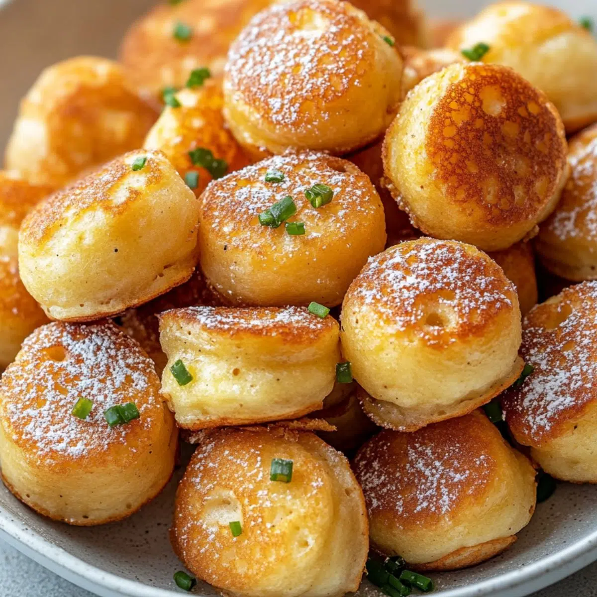 Freshly baked pancake poppers  with mapple syrup and powdered sugar