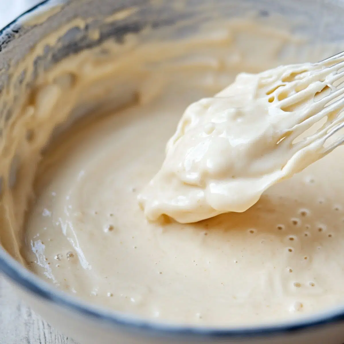 Mixing pancake poppers batter in a large bowl