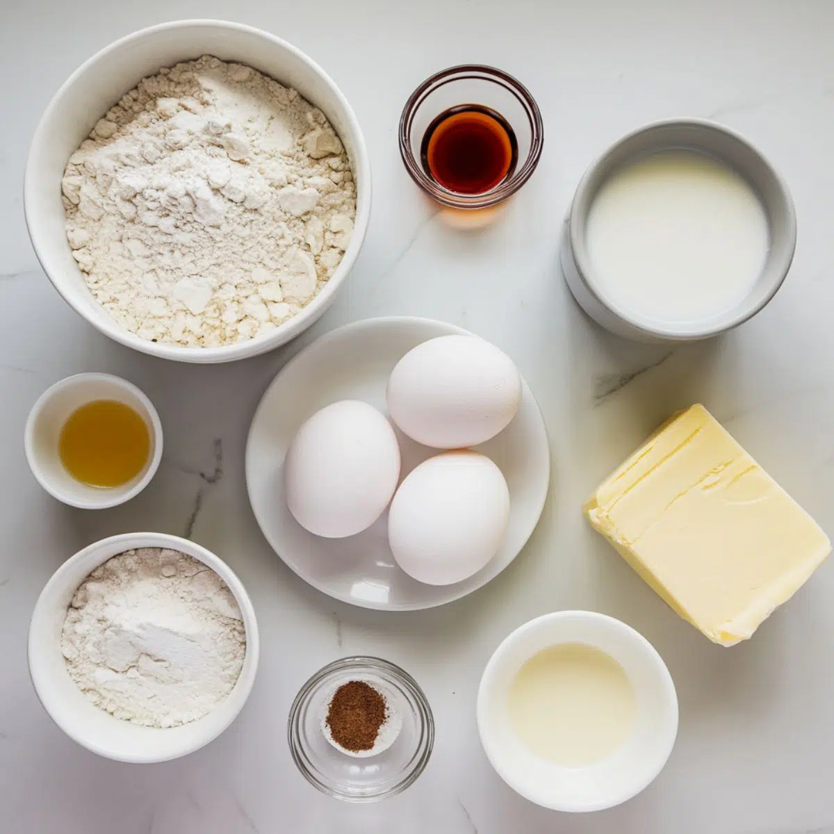 All ingredients for pancake poppers laid out on a white kitchen counter