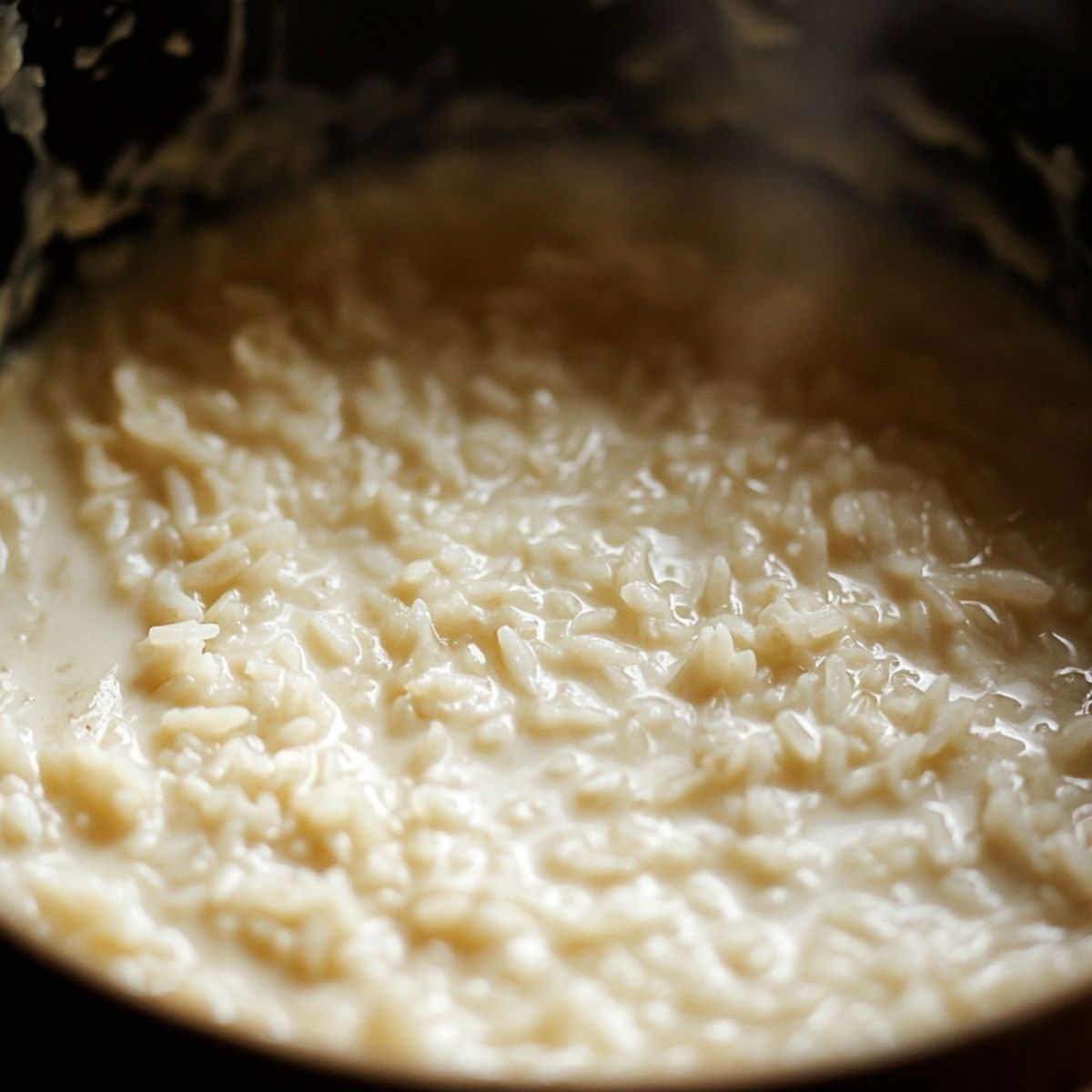 Rice simmering gently in milk on a white kitchen countertop.