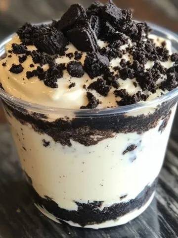 A top-down view of homemade Oreo cheesecake cups on a kitchen counter