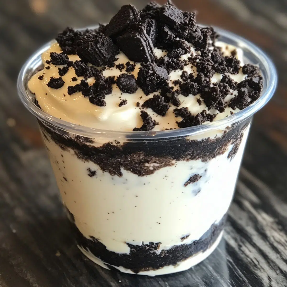 A top-down view of homemade Oreo cheesecake cups on a kitchen counter