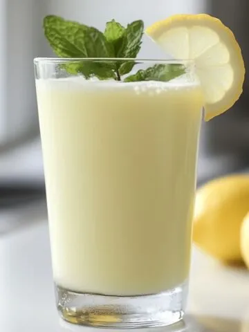 Homemade condensed milk lemonade in a glass with lemons on a white countertop
