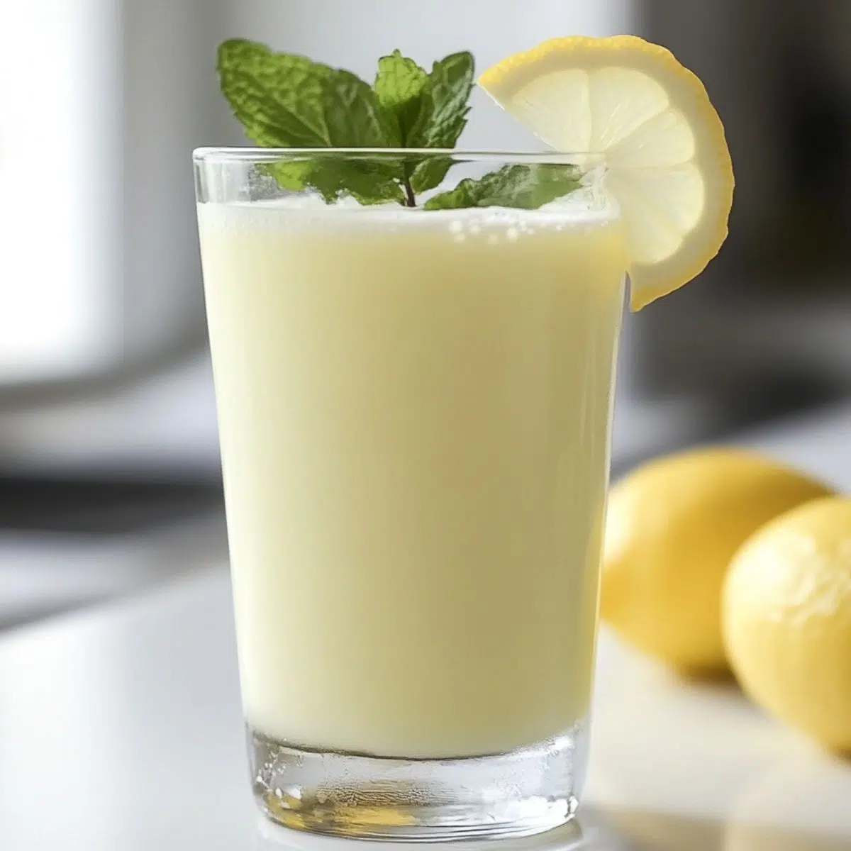 Homemade condensed milk lemonade in a glass with lemons on a white countertop