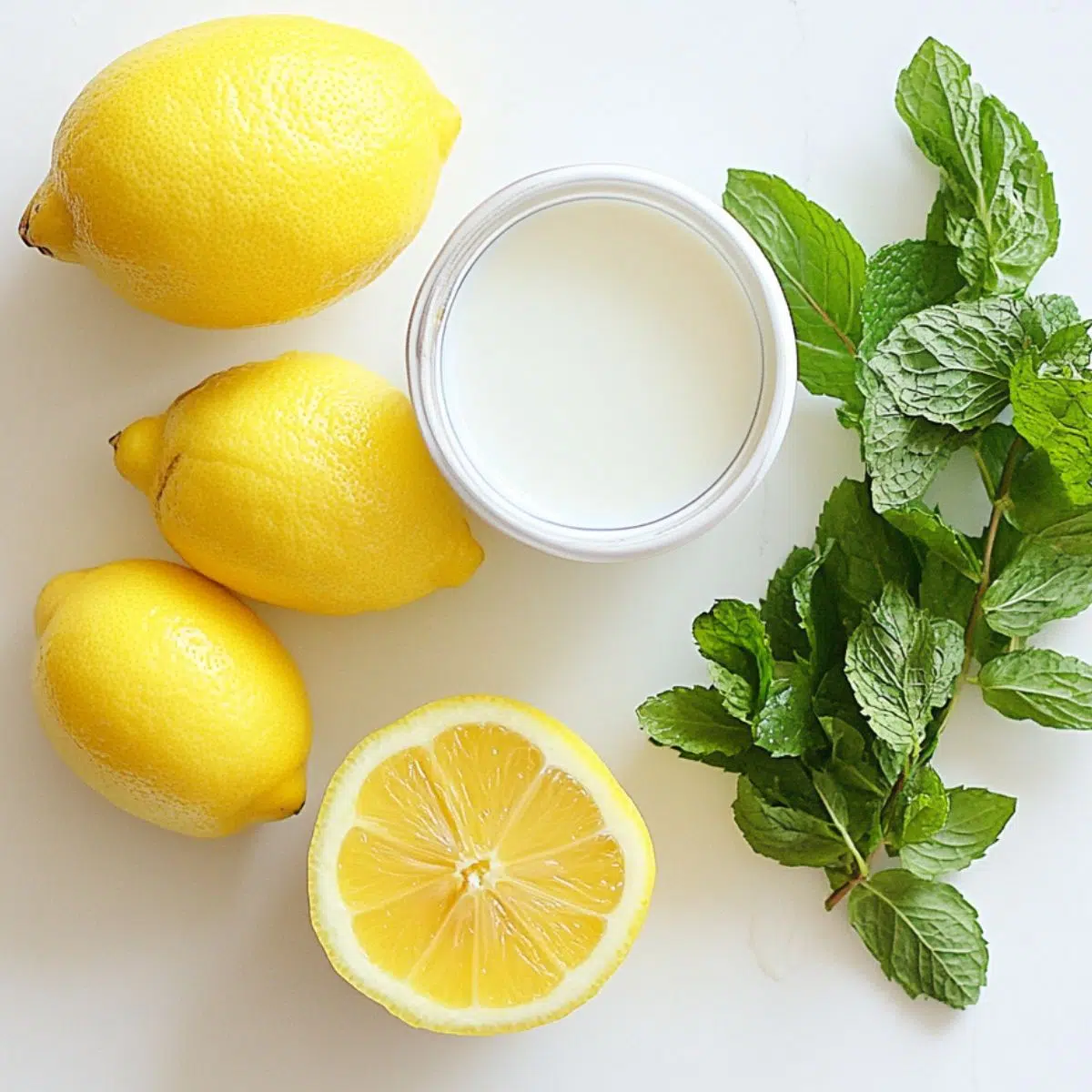 All ingredients for condensed milk lemonade laid out on a white kitchen surface