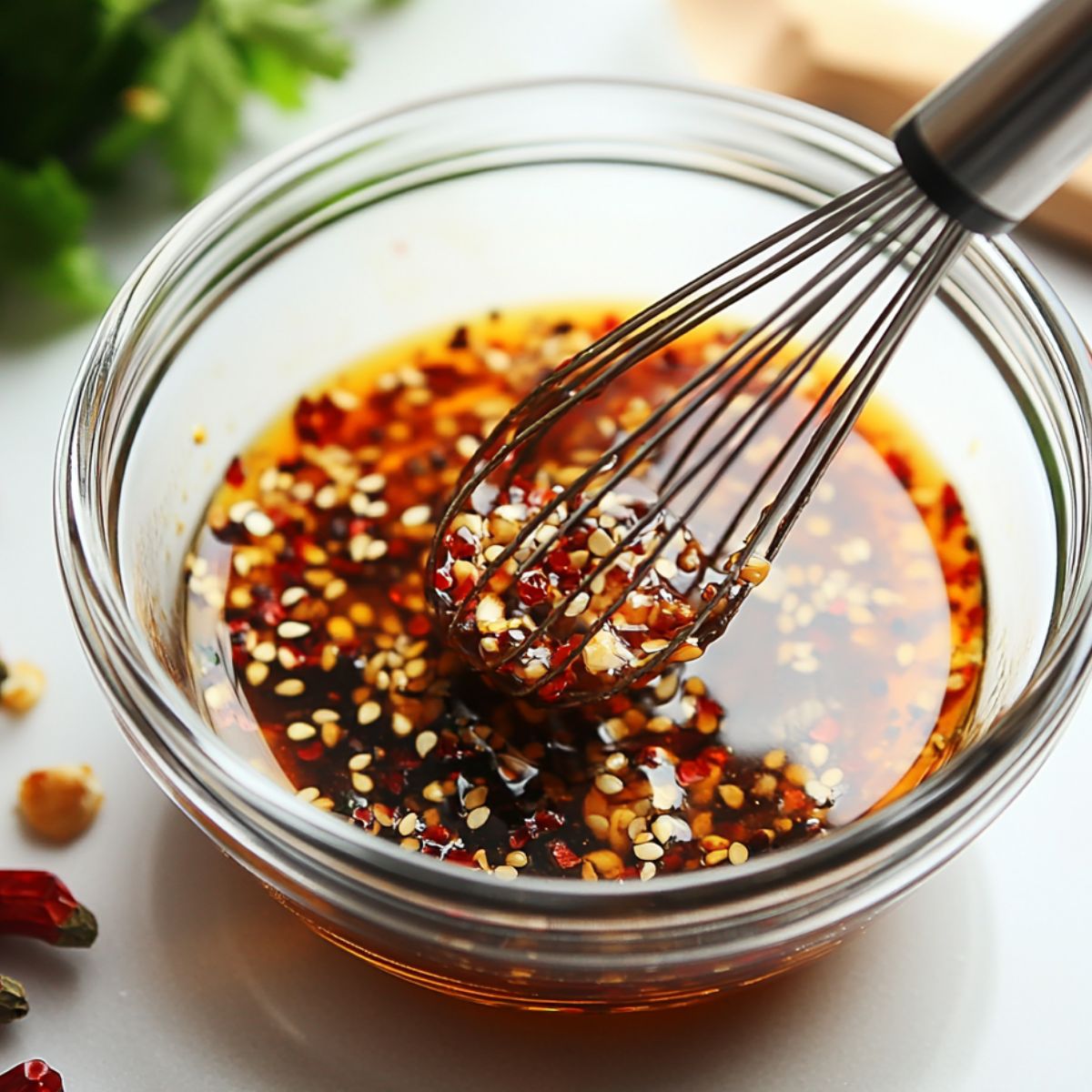 Bowl of spicy dressing being whisked for cucumber salad