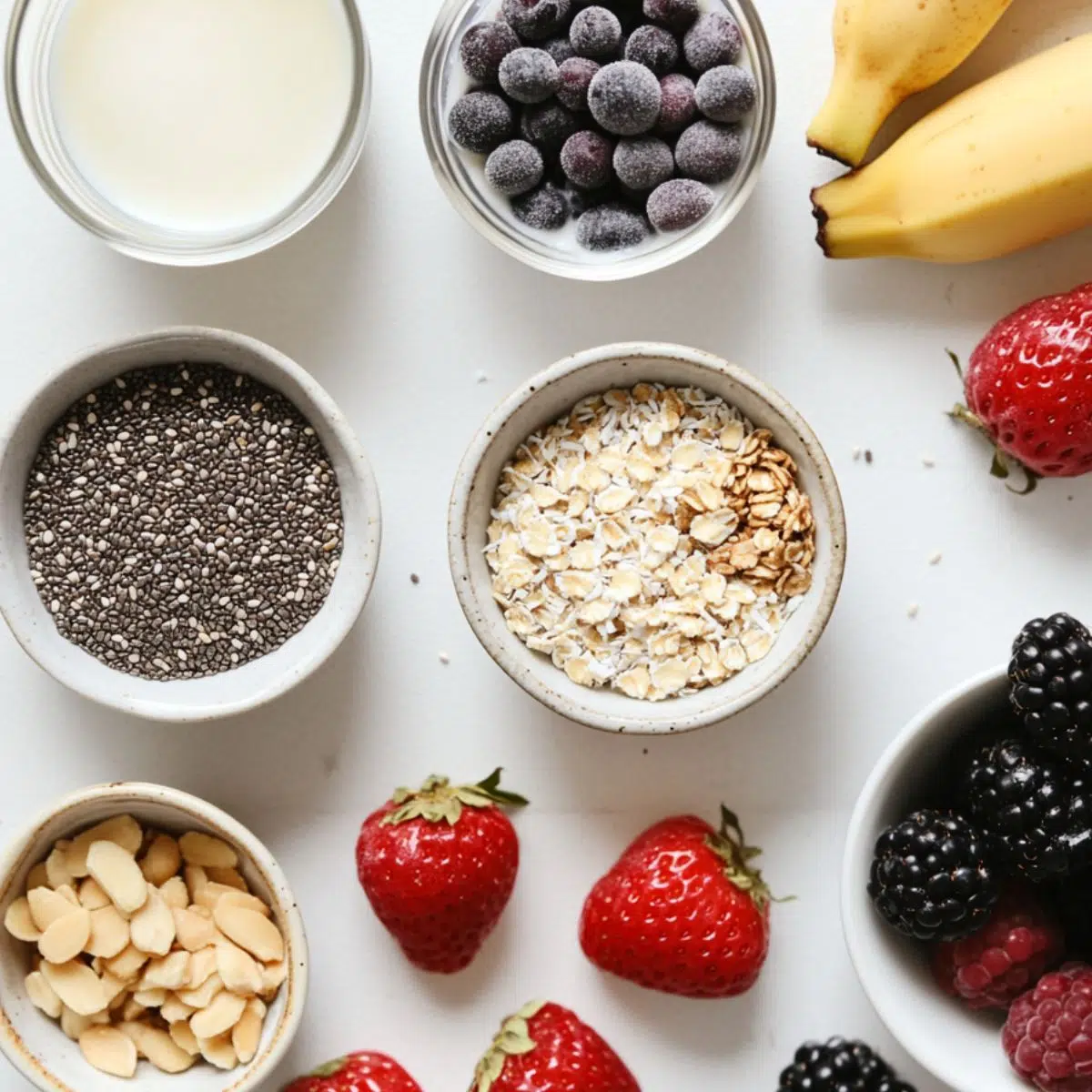 Flatlay of ingredients for a smoothie bowl recipe on a kitchen counter