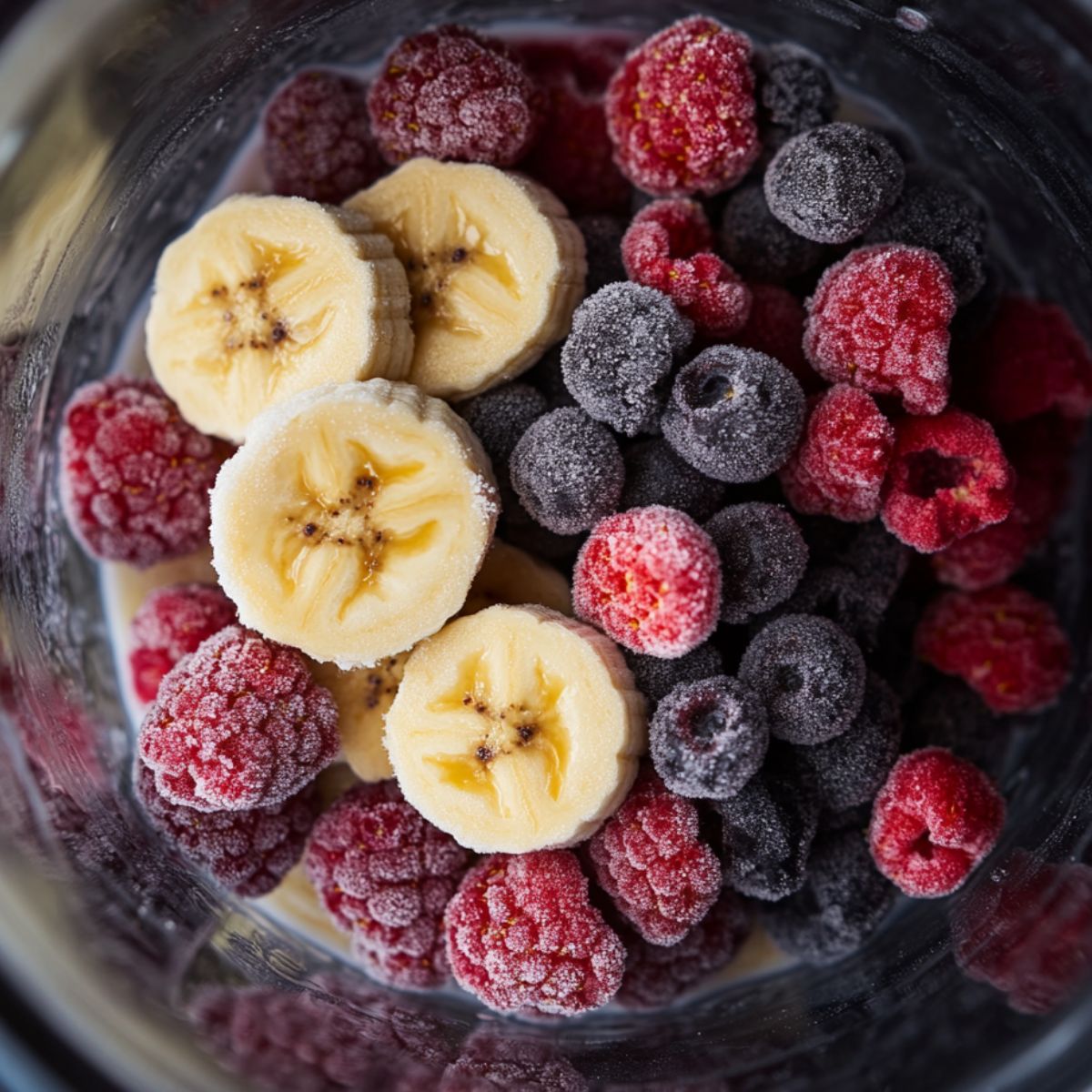 Ingredients being added to blender for smoothie bowl