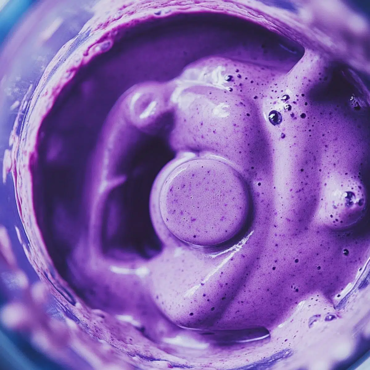 Thick smoothie being blended in a blender