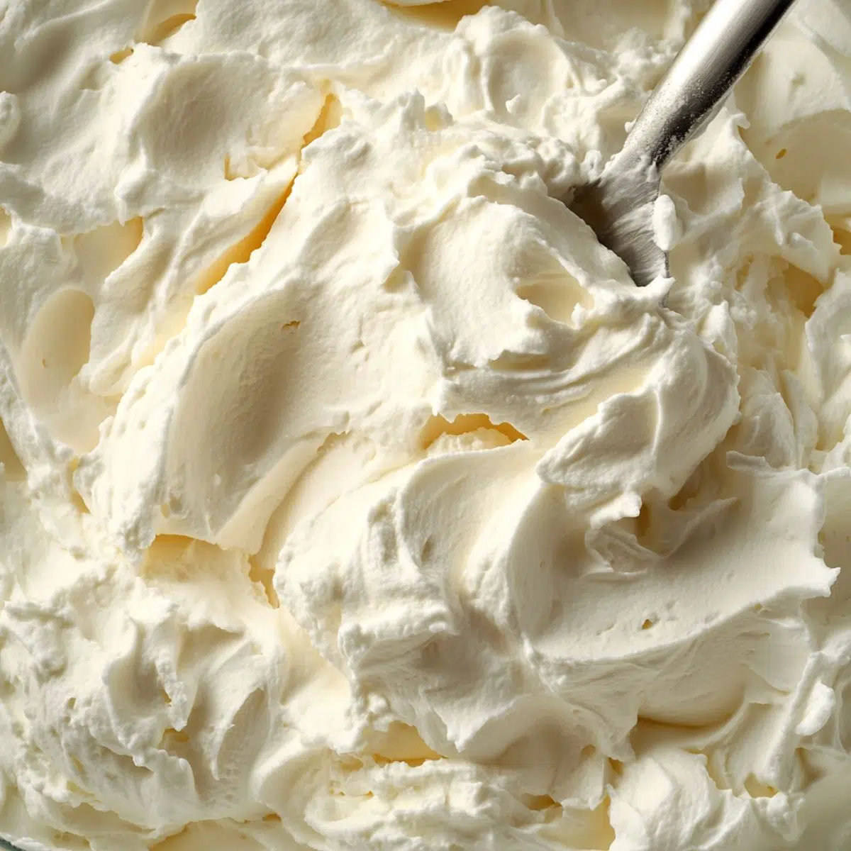 Creamy cheesecake filling being folded in a mixing bowl