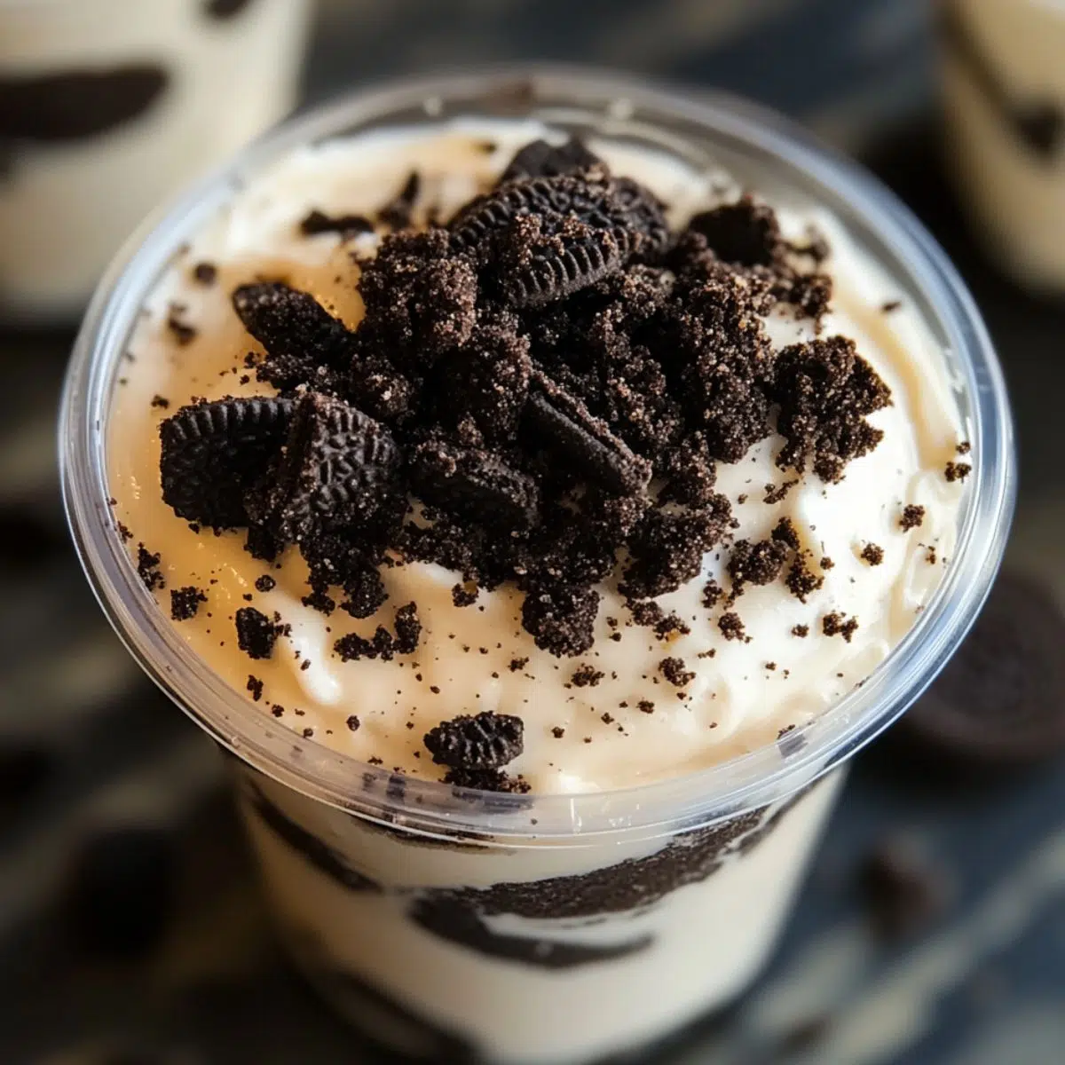 Cheesecake cups filled and topped with crushed Oreo cookies