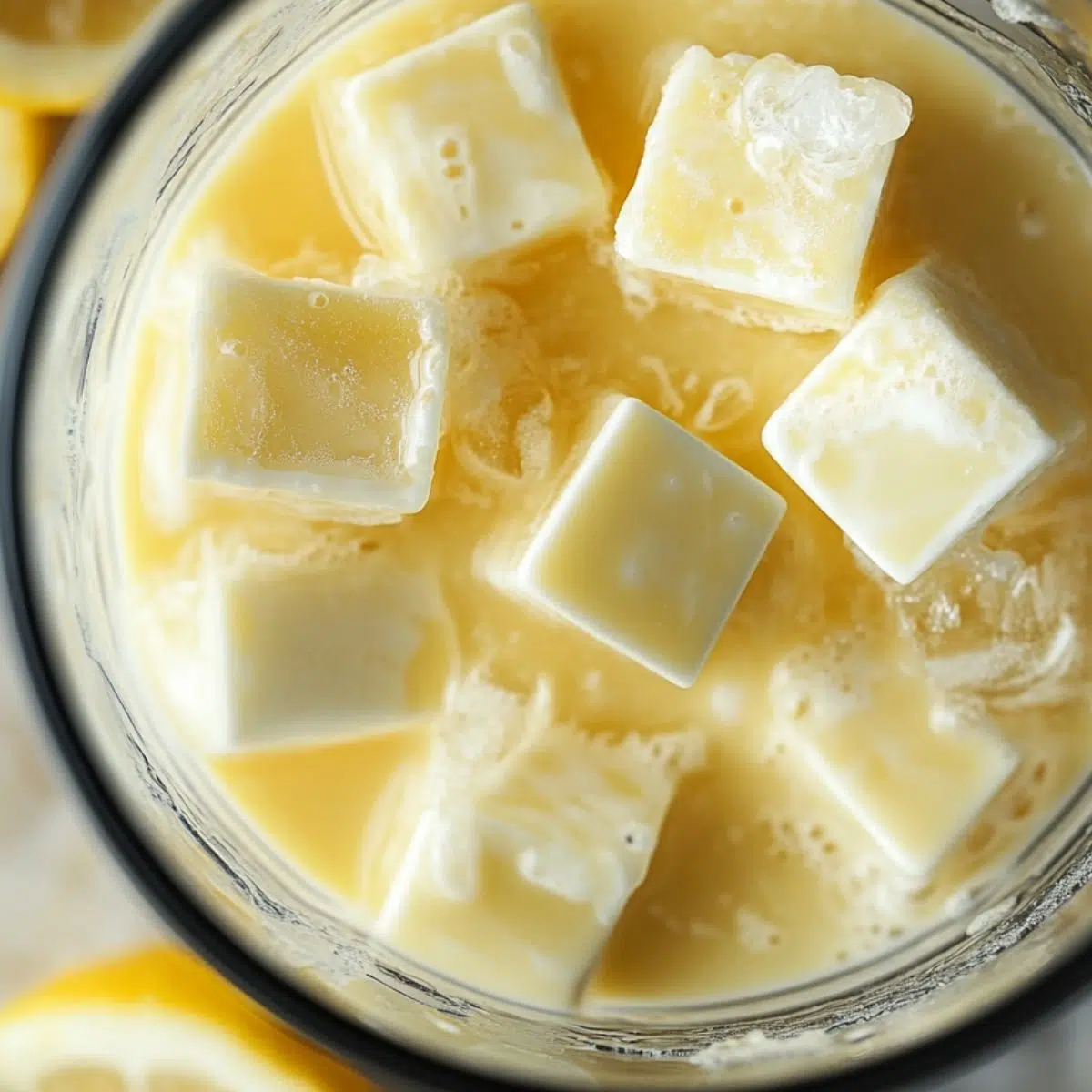 Blender with ingredients for condensed milk lemonade on a kitchen counter