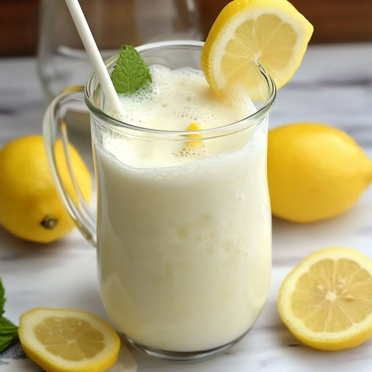 Pouring blended lemonade into a pitcher with garnishes nearby