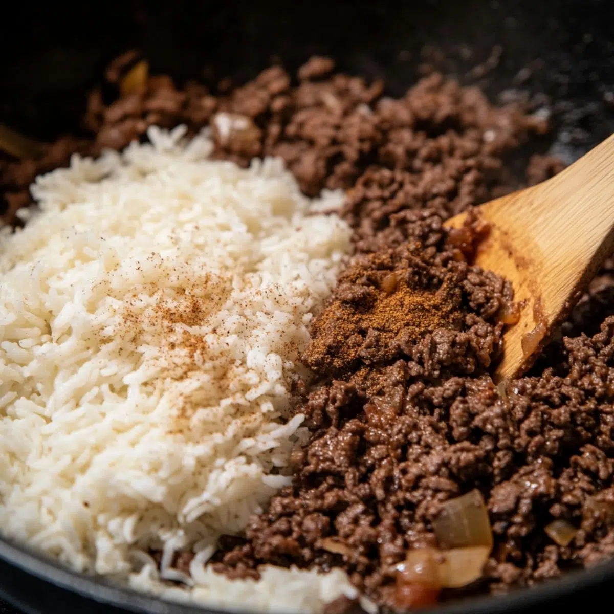 Uncooked rice and taco seasoning being stirred into the meat