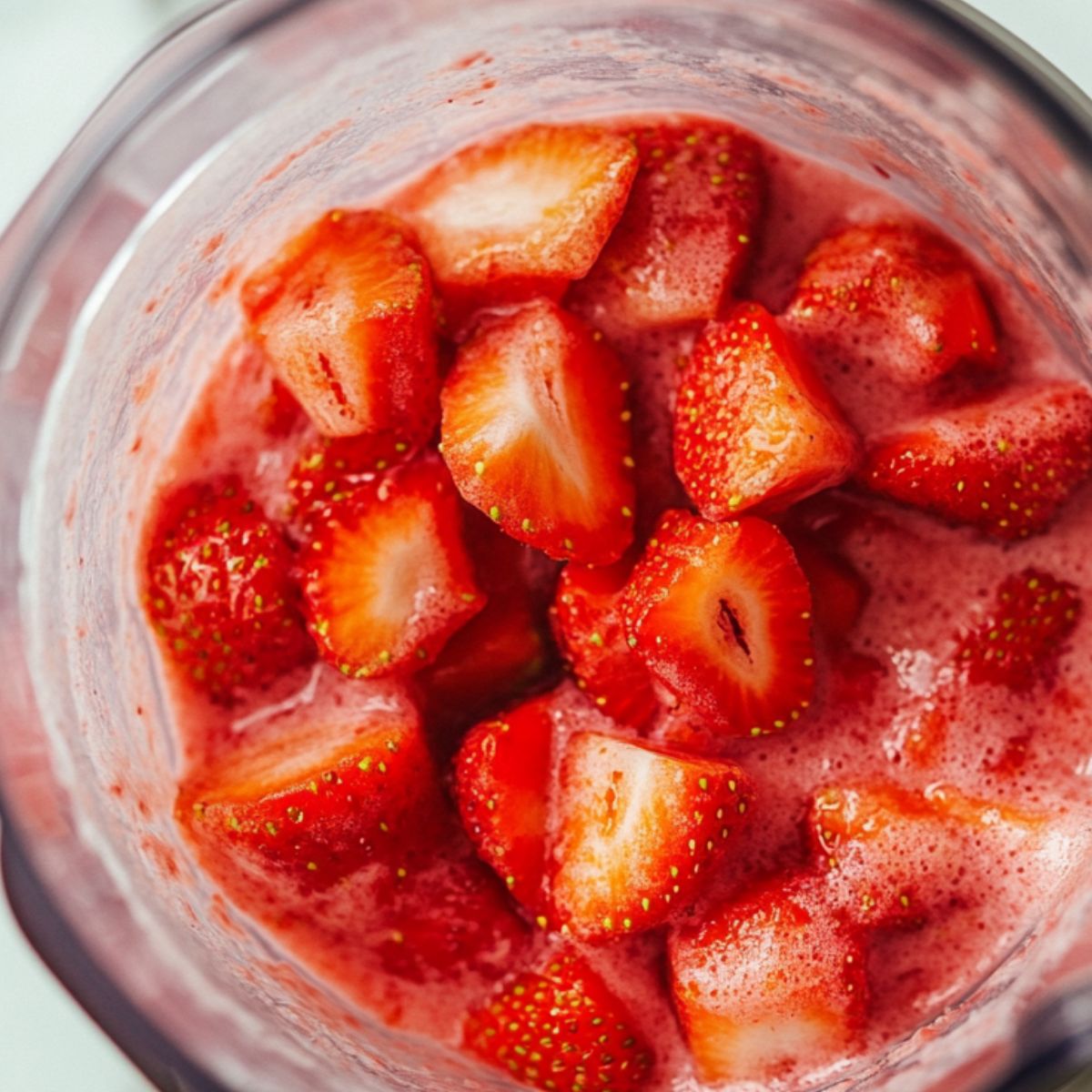 Blending fresh strawberry sorbet mixture in a kitchen blender