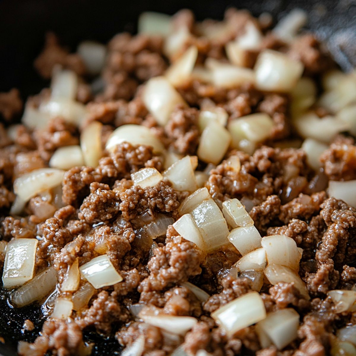 Ground beef, onions, and garlic browning in a skillet