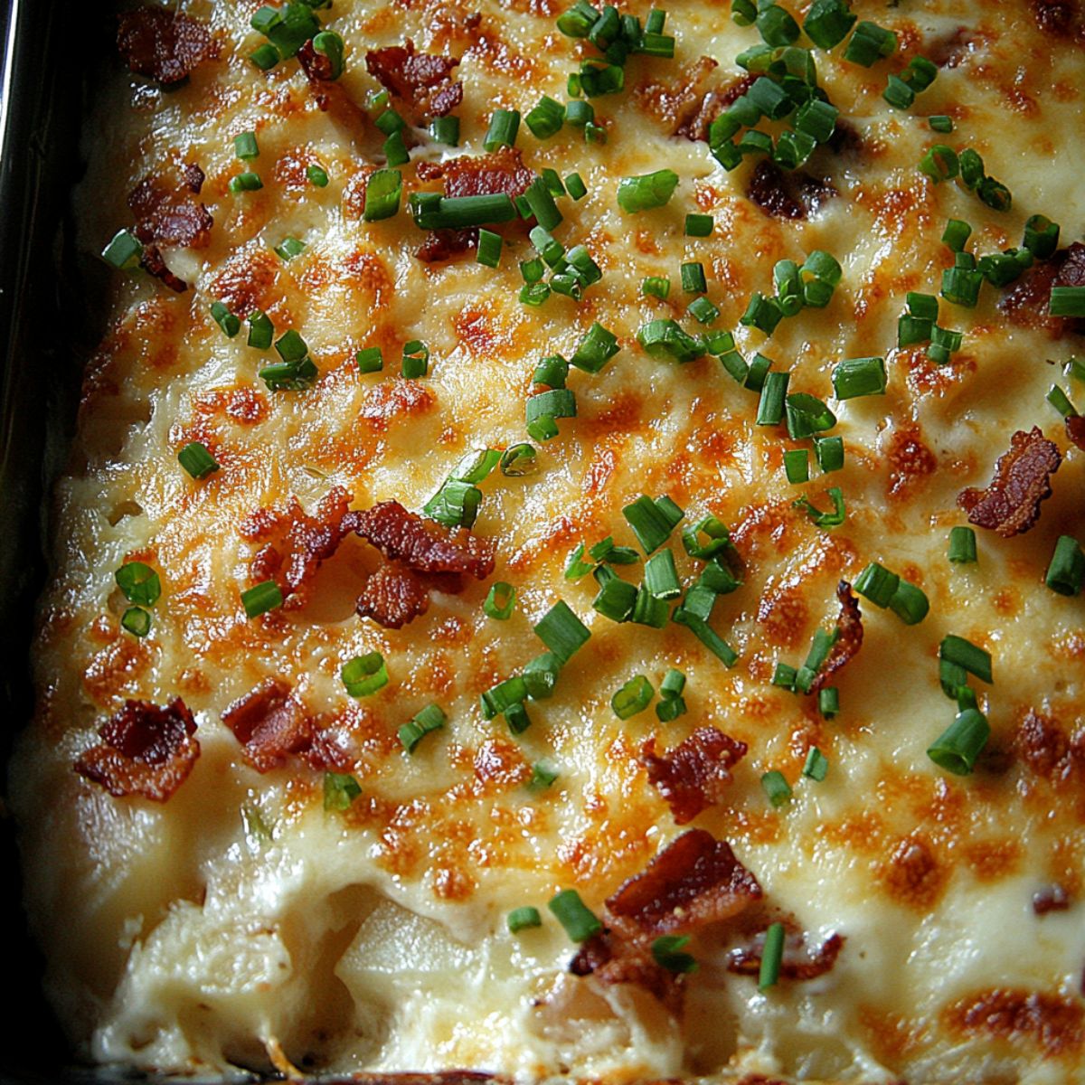Golden baked cheesy bacon potato casserole fresh from the oven.