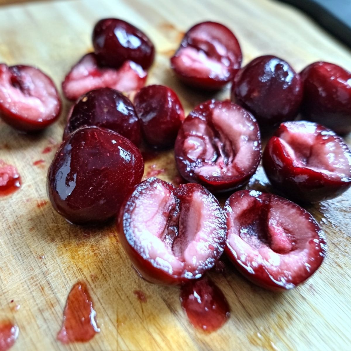 halving and pitting fresh cherries on a cutting board