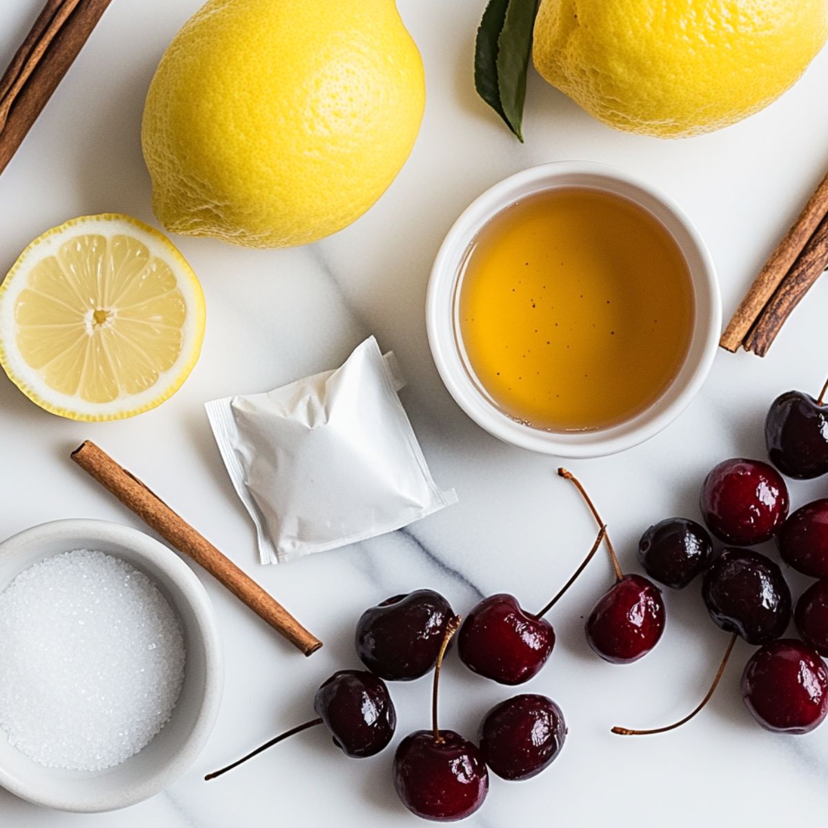 Ingredients for cherry iced tea arranged on a kitchen counter