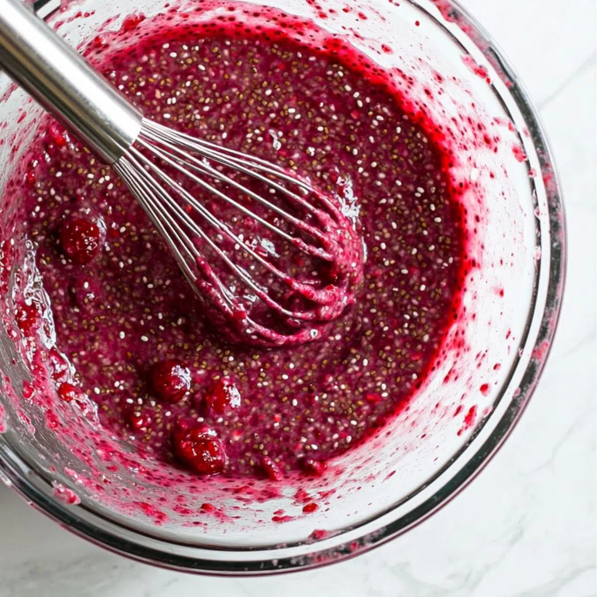 Alt Text: Whisking raspberry chia seed pudding in a bowl with visible raspberry and chia mix
