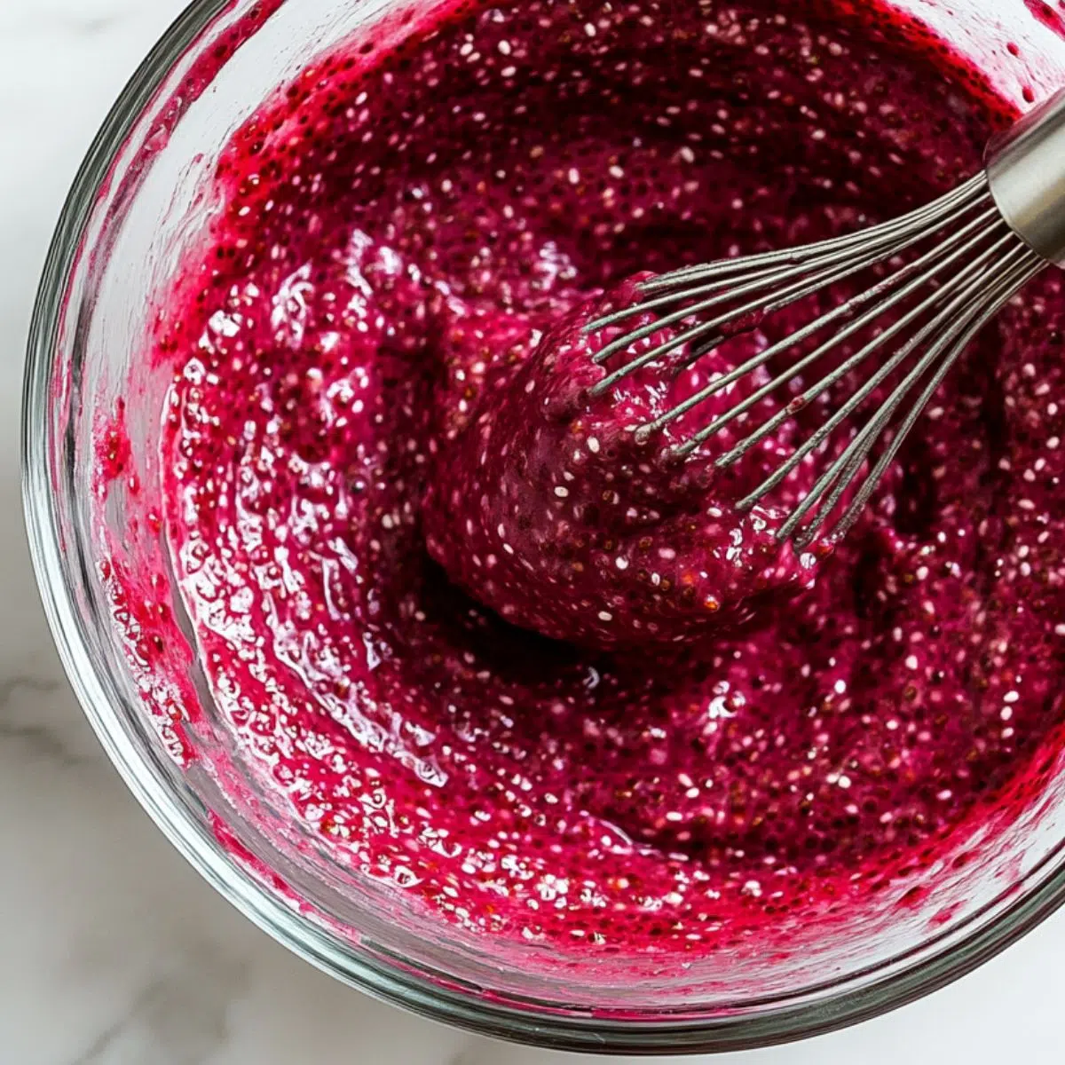 Second whisk of raspberry chia seed pudding mixture as it begins to thicken