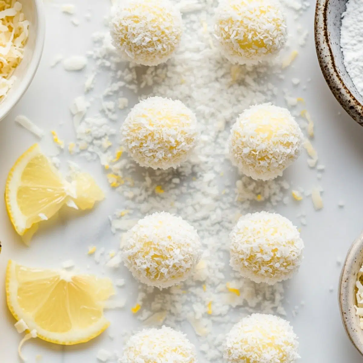 Lemon truffles being rolled in coconut and powdered sugar.