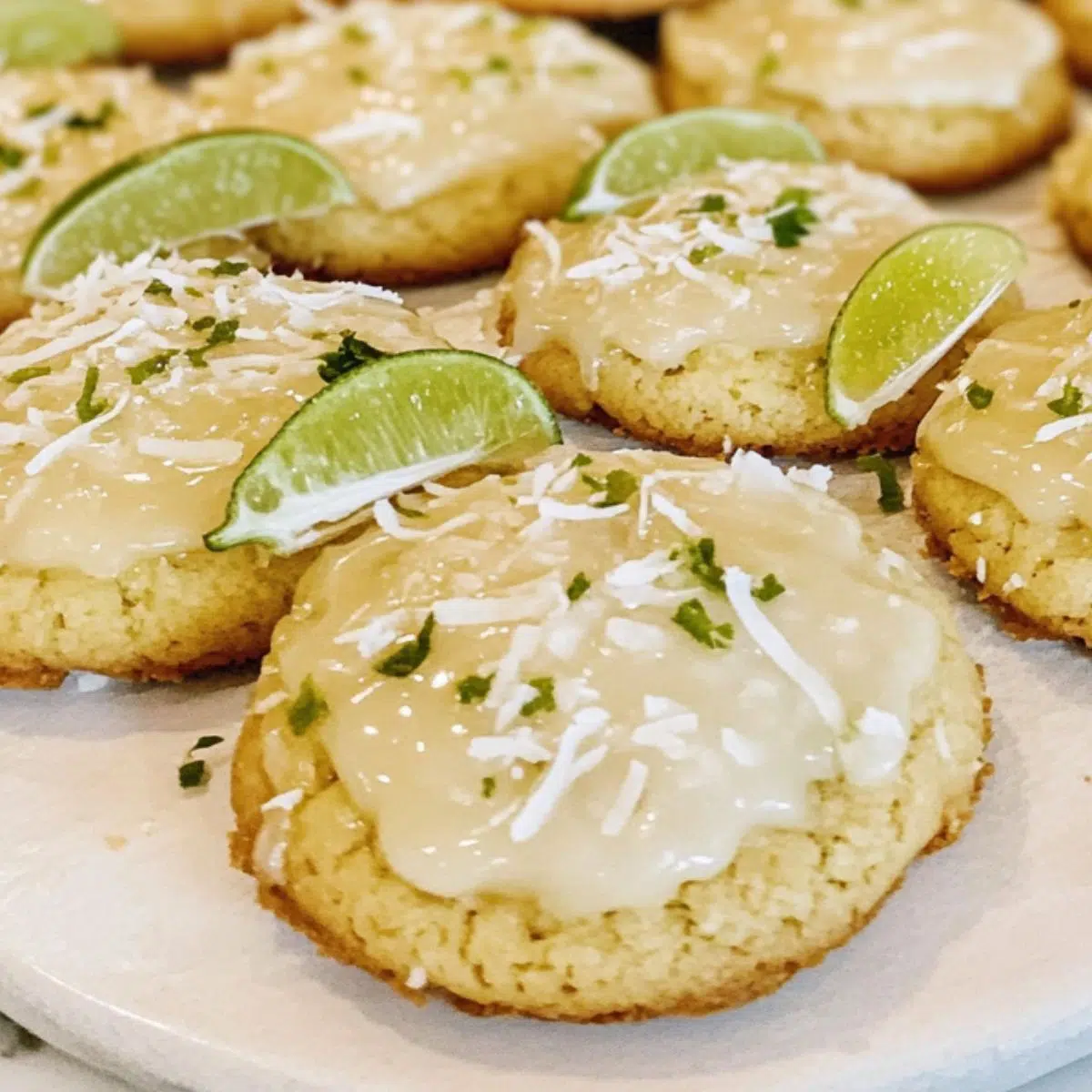 Homemade coconut lime cookies with lime zest on a plate