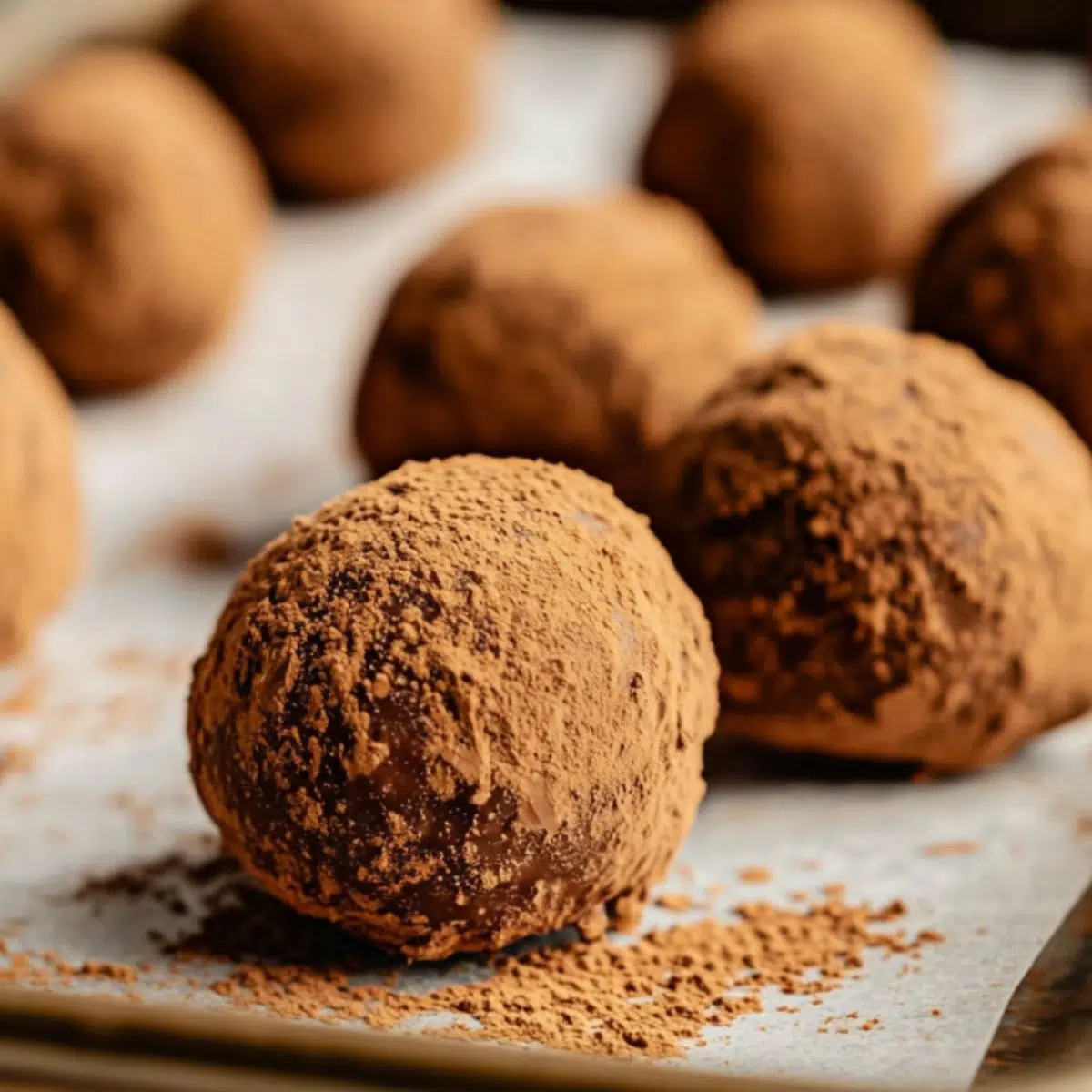 Tiramisu truffle dipped in chocolate coating with others drying on parchment