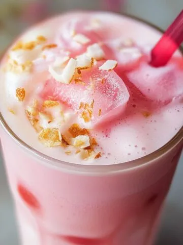 A homemade pink coconut iced latte in a clear glass, photographed from above on a white kitchen counter.