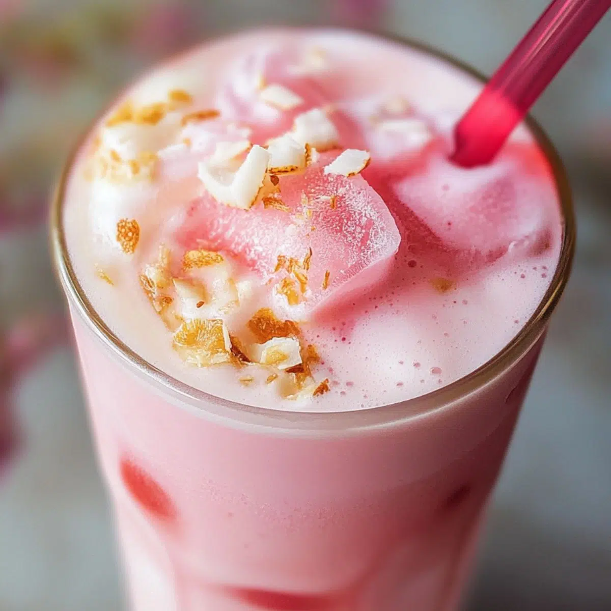 A homemade pink coconut iced latte in a clear glass, photographed from above on a white kitchen counter.