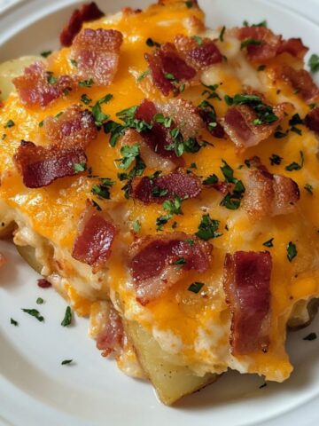 Cheesy bacon potato casserole freshly baked and served on a plate