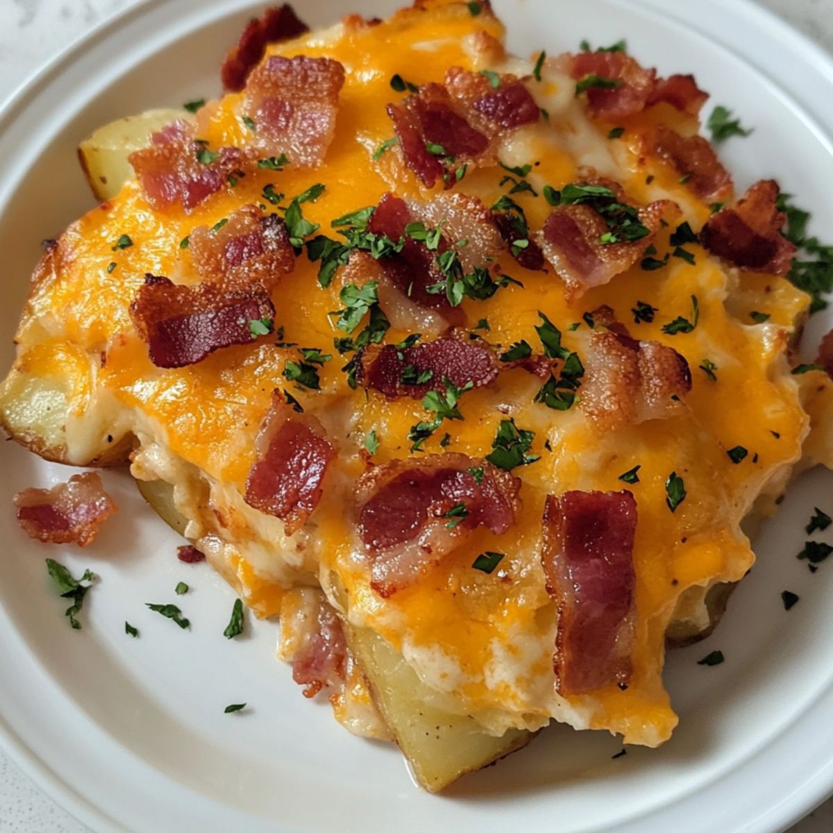 Cheesy bacon potato casserole freshly baked and served on a plate