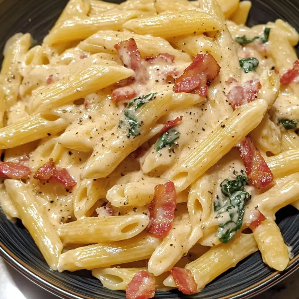 Creamy bacon pasta served in a bowl on a kitchen counter with visible bacon bits and parmesan