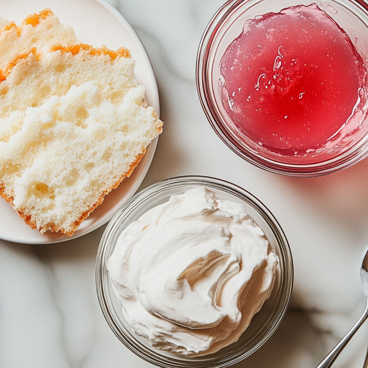 Flat lay of angel food cake, gelatin boxes, and heavy cream on a kitchen counter