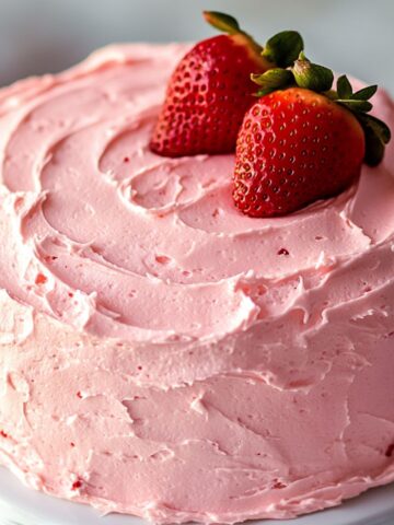 Homemade strawberry cloud cake topped with sliced strawberries