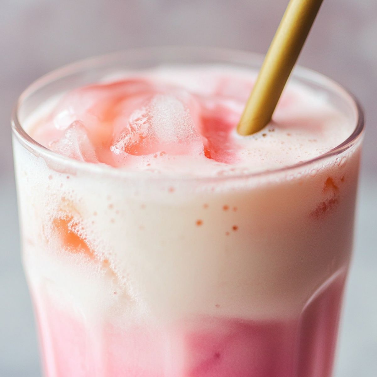 Stirring the finished pink coconut iced latte before serving.