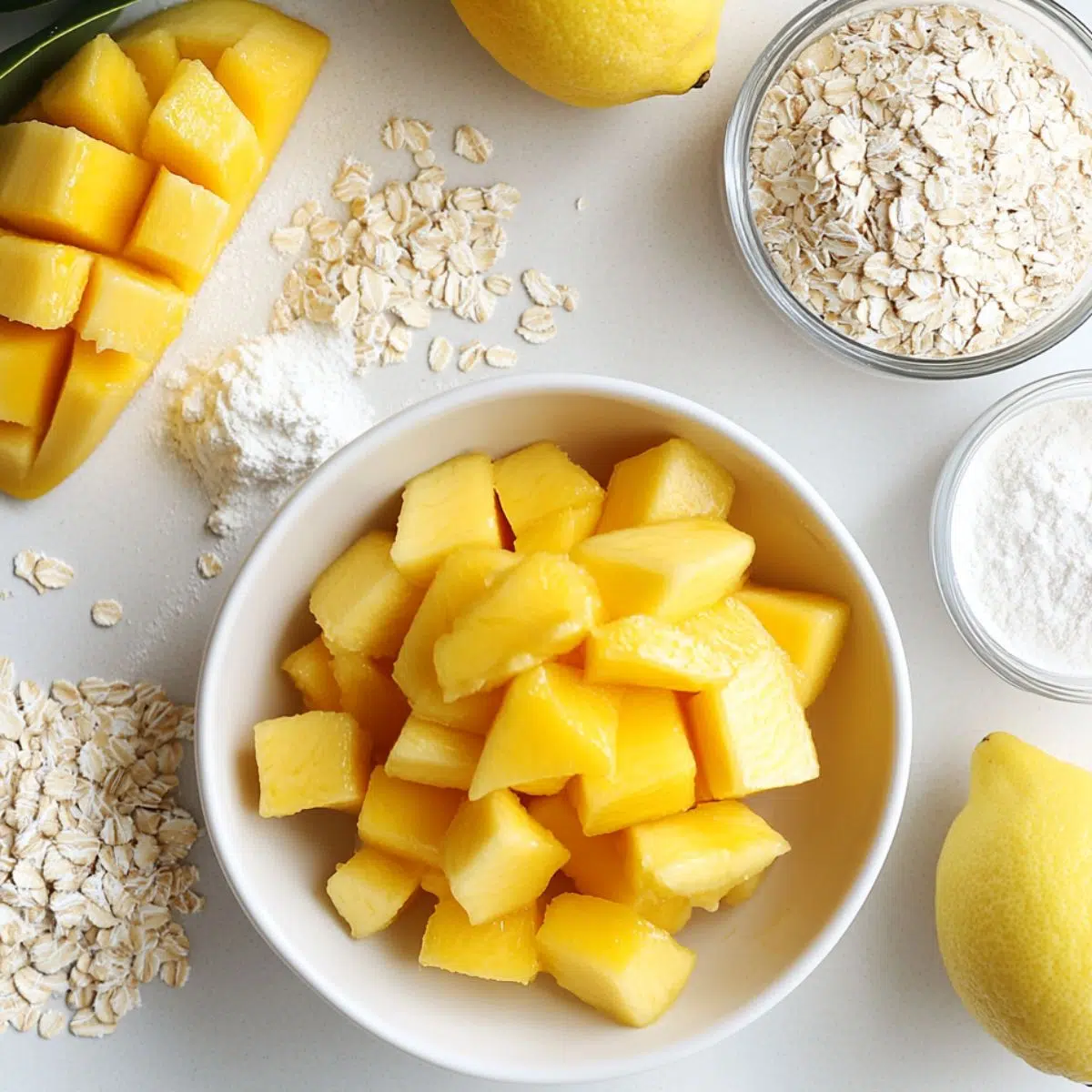  Top-down view of all ingredients in bowls for oatmeal mango crumble bars