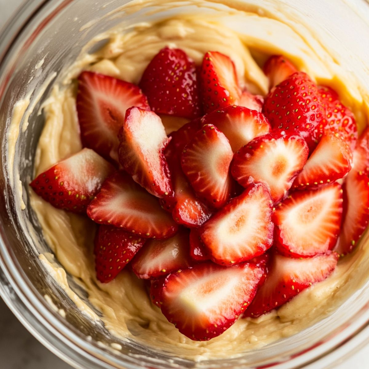 Folding fresh strawberry chunks into the blondie batter on a white kitchen counter