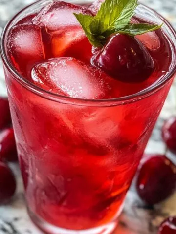 A tall Glass of cherry iced tea with cherries