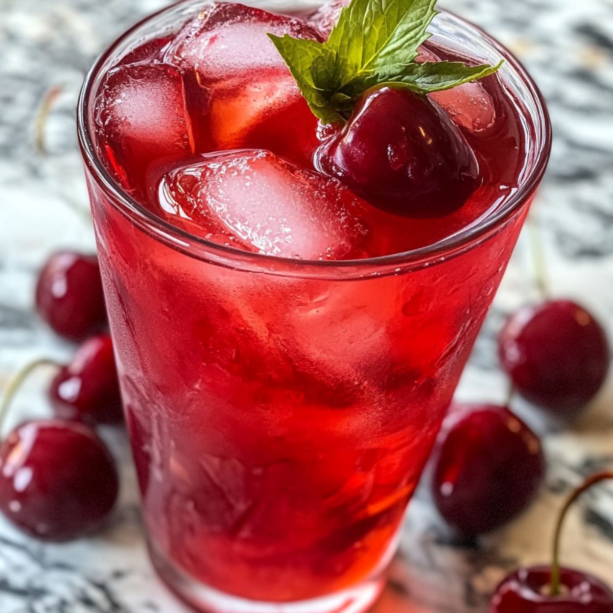 A tall Glass of cherry iced tea with cherries