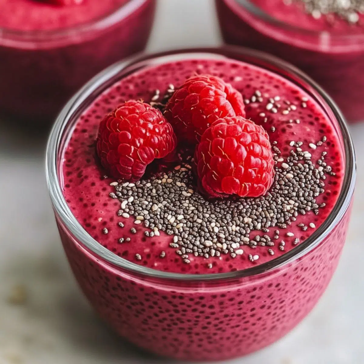 Raspberry chia seed pudding served in a small glass on a countertop