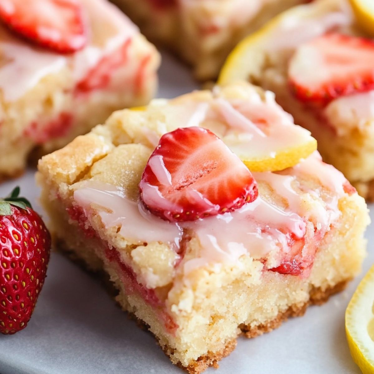 Freshly baked strawberry lemon blondies on a white kitchen counter with glaze and crumbs