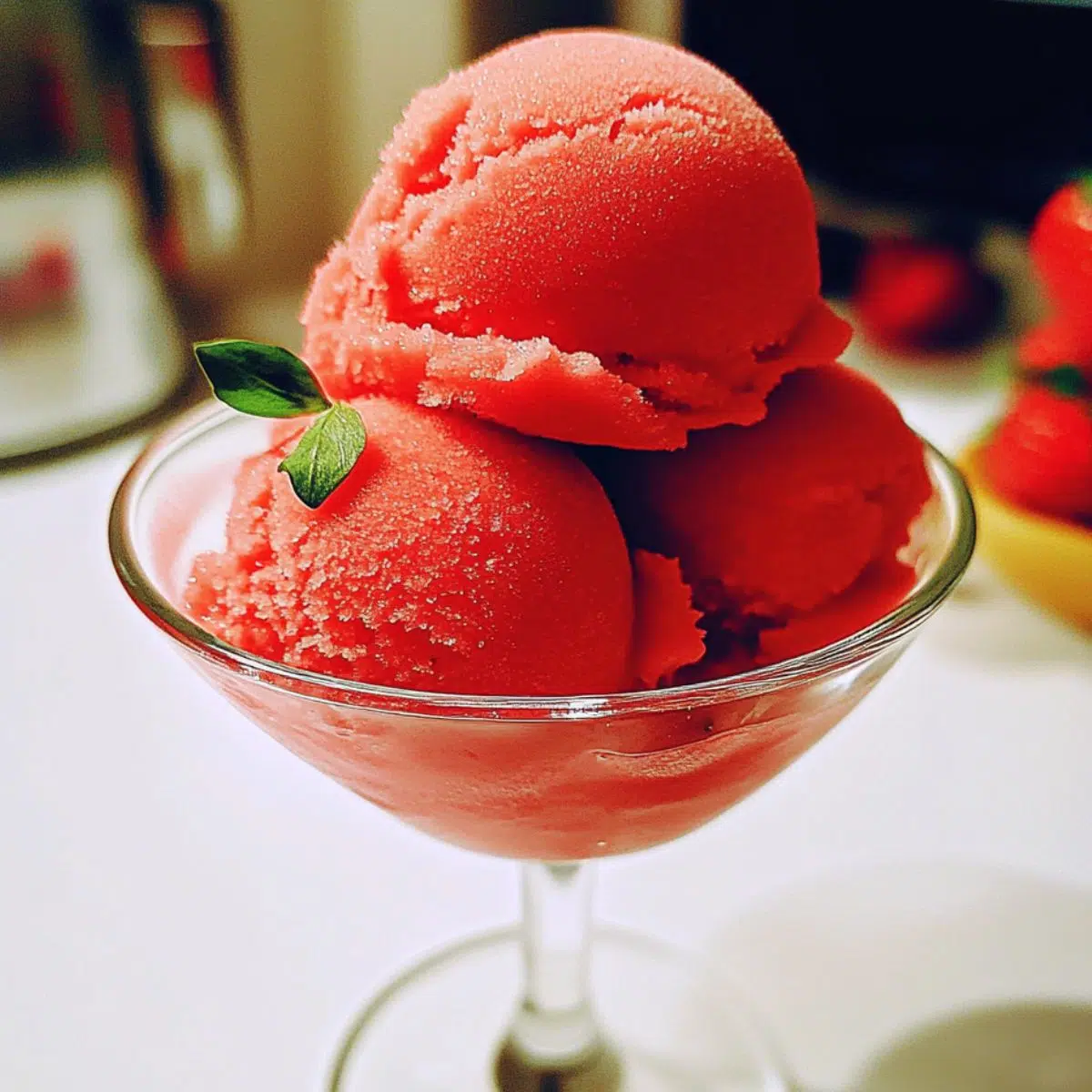Homemade strawberry sorbet in a bowl with fresh mint on a white kitchen counter