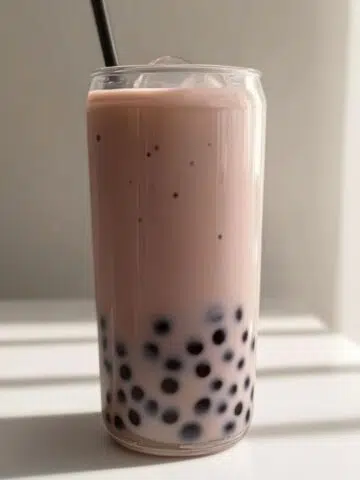 Glass of homemade taro milk tea boba with tapioca pearls on a white kitchen counter